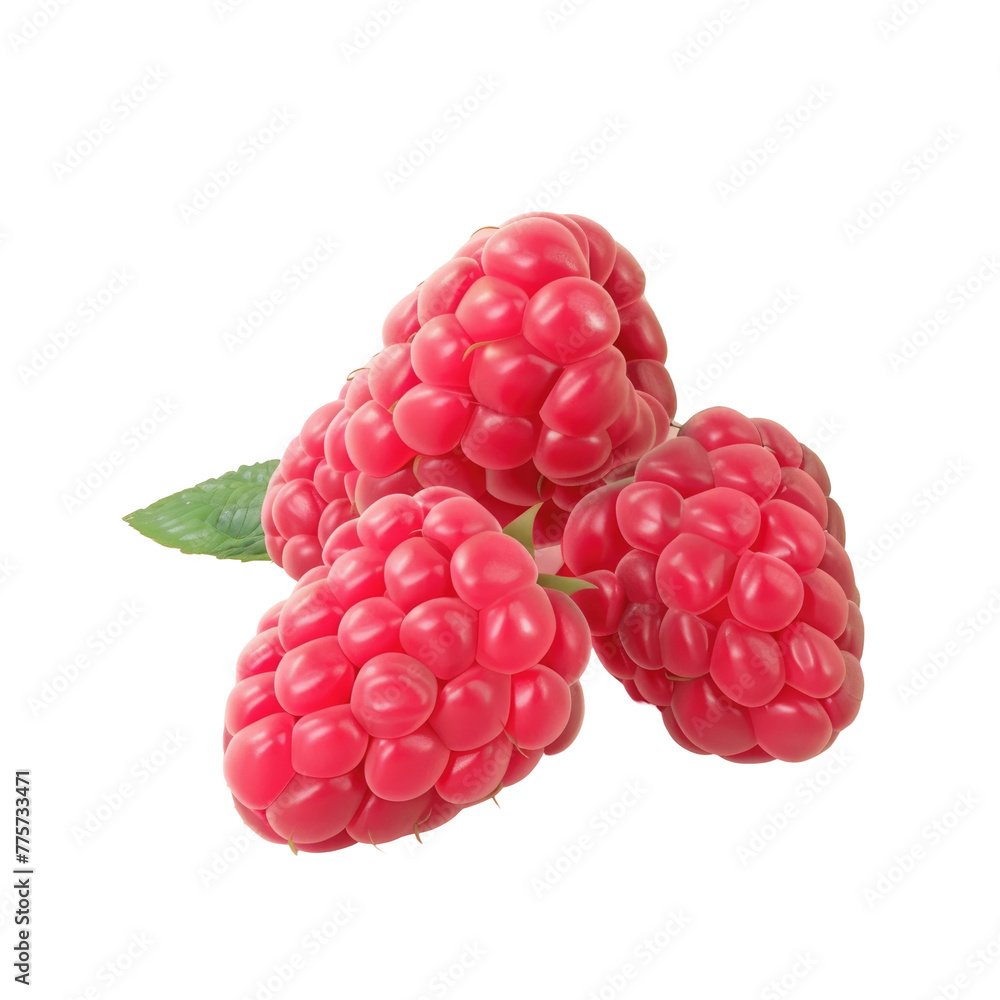 Three raspberries with leaves on a Transparent Background Three raspberries with leaves on a Transparent Background
