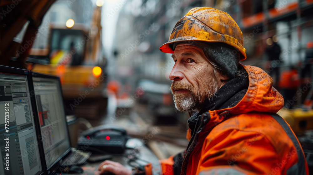 a man monitoring noise pollution on a computer, daylight, construction site in the background,generative ai a man monitoring noise pollution on a computer, daylight, construction site in the background,generative ai