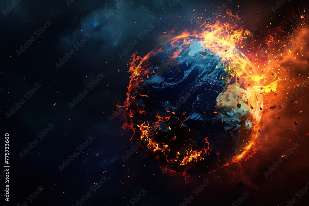 The earth as seen from space as a ball of flames, apocalyptic scenario The earth as seen from space as a ball of flames, apocalyptic scenario