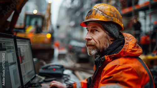 a man monitoring noise pollution on a computer, daylight, construction site in the background,generative ai