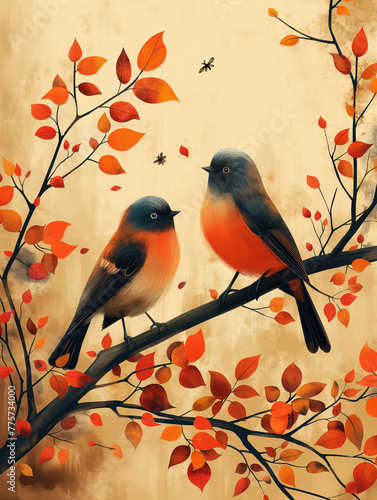 Pair of birds sitting on the branch of autumn tree © larisabozhikova