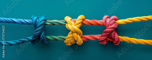 Three colorful knotted ropes against a teal background. photo