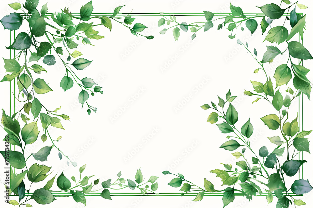 Obraz premium Green leaves and branches frame with watercolor splashes on a white background. Botanical border design of invitation, greeting card, and poster with place for text.