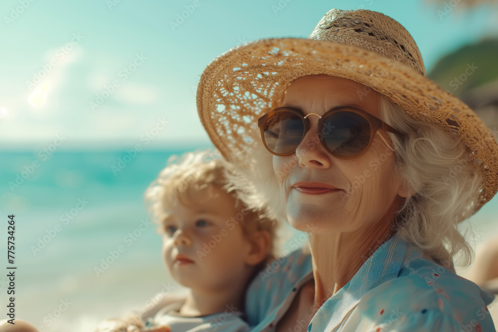 A woman grandmother in a hat and sunglasses holds a small child on the sandy beach. They seem to be enjoying a seaside holiday in the sun together
