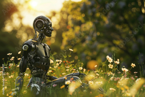 A robot sitting in a peaceful meadow