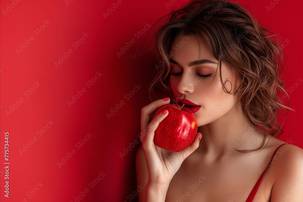 A woman in red lingerie eating an apple. A woman in red lingerie eating an apple.