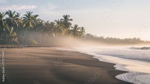 Ethereal photo of a misty tropical beach at dawn, with soft light filtering through palm trees and a gentle surf washing over the sand.