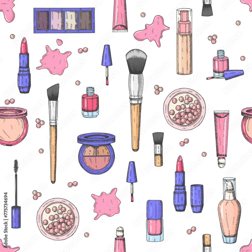 Hand drawn make up seamless pattern.Engraving cosmetics. Vector makeup background- tonal fluid, lipstick, lip gloss, powder, powder pearls, foundation, mascara, makeup brush, eye shadow, nail polish Hand drawn make up seamless pattern.Engraving cosmetics. Vector makeup background- tonal fluid, lipstick, lip gloss, powder, powder pearls, foundation, mascara, makeup brush, eye shadow, nail polish