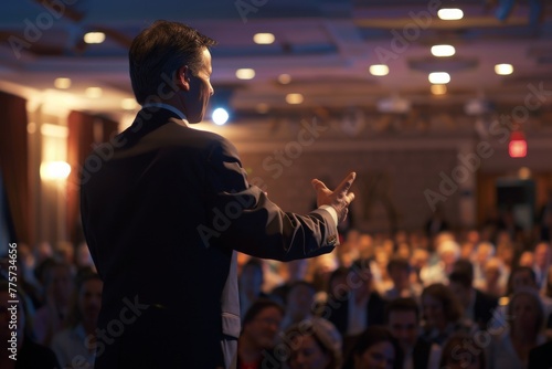 Rear view of a male speaker engaging with the audience at a corporate event, concept of leadership and communication.