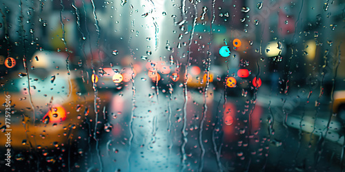 Rain drops on a window looking out to New York city with bright colourful bokeh lights and trails emitting from cars and taxis photo