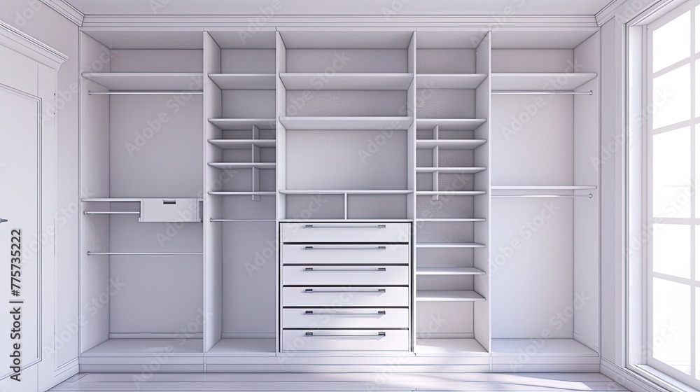 newly installed empty wardrobes for clothes in white tones, showcasing their clean lines and spacious interiors awaiting organization. newly installed empty wardrobes for clothes in white tones, showcasing their clean lines and spacious interiors awaiting organization.