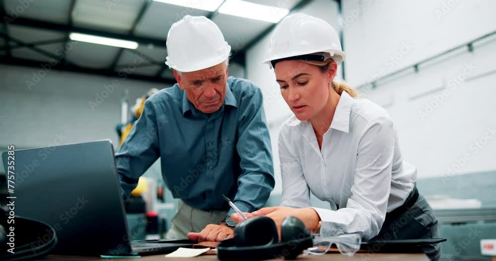 Laptop, stress and manager with construction worker plan architecture for maintenance. Conversation, computer and frustrated foreman work with female engineer on site office for repairs or building.