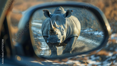 view from a car's rearview mirror. The mirror reflects an image of a giant rhinoceros chasing the car.generative ai photo