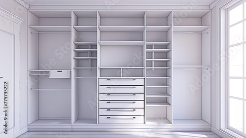 newly installed empty wardrobes for clothes in white tones, showcasing their clean lines and spacious interiors awaiting organization.