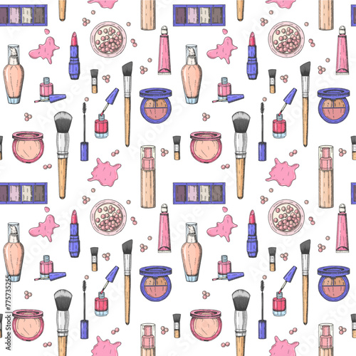 Hand drawn make up seamless pattern.Engraving cosmetics. Vector makeup background- tonal fluid, lipstick, lip gloss, powder, powder pearls, foundation, mascara, makeup brush, eye shadow, nail polish