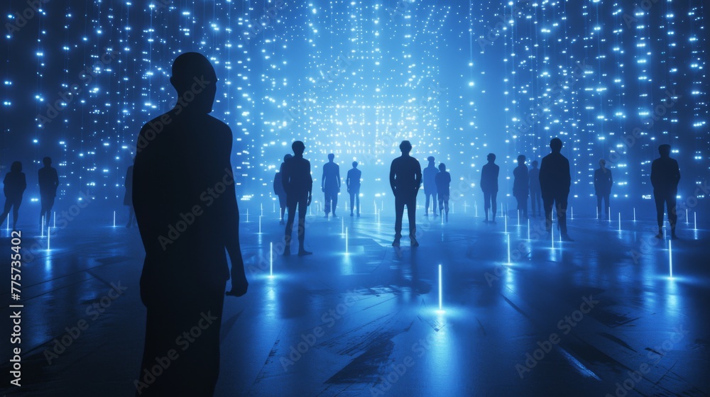 Group of People Standing in Front of Blue Light Group of People Standing in Front of Blue Light