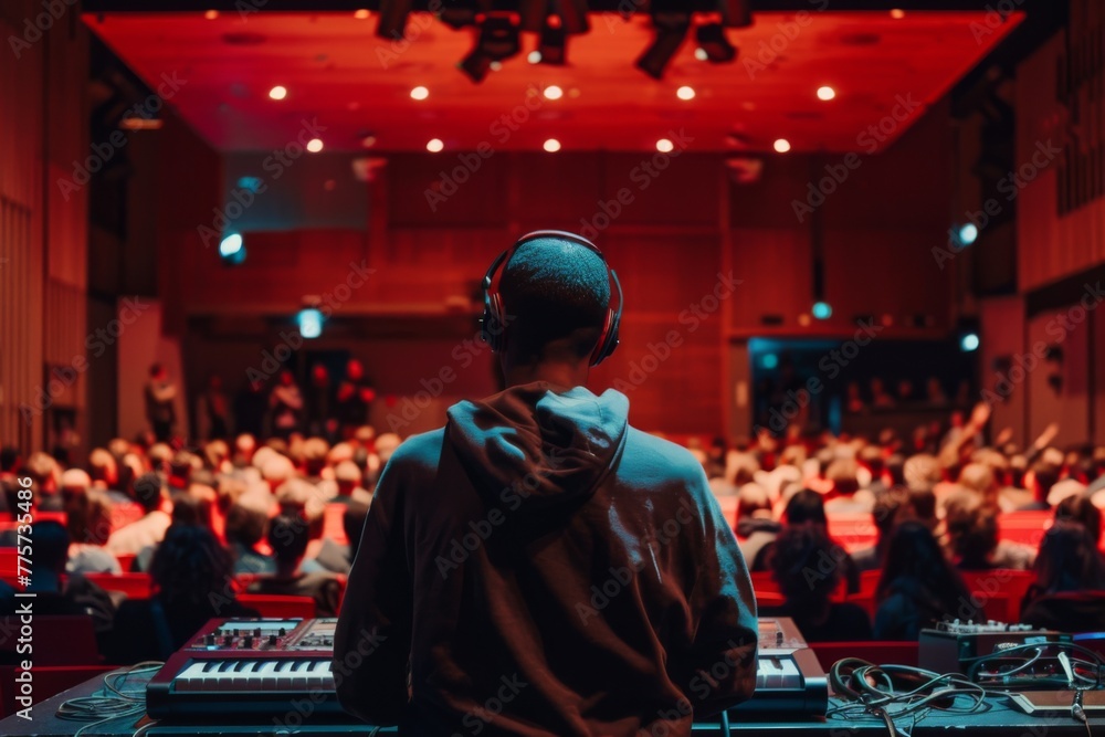 Fototapeta premium Back view of a sound technician operating the sound mixer during a performance in a concert hall.