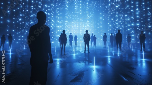Group of People Standing in Front of Blue Light