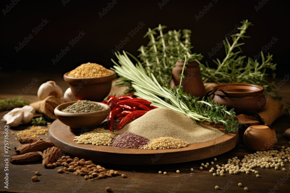 A wooden plate displayed with an assortment of various grains, spices and fresh herbs. Generative AI A wooden plate displayed with an assortment of various grains, spices and fresh herbs. Generative AI