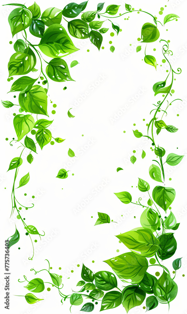 Green leaves and branches frame with watercolor splashes on a white background. Botanical border design of invitation, greeting card, and poster with place for text. Green leaves and branches frame with watercolor splashes on a white background. Botanical border design of invitation, greeting card, and poster with place for text.