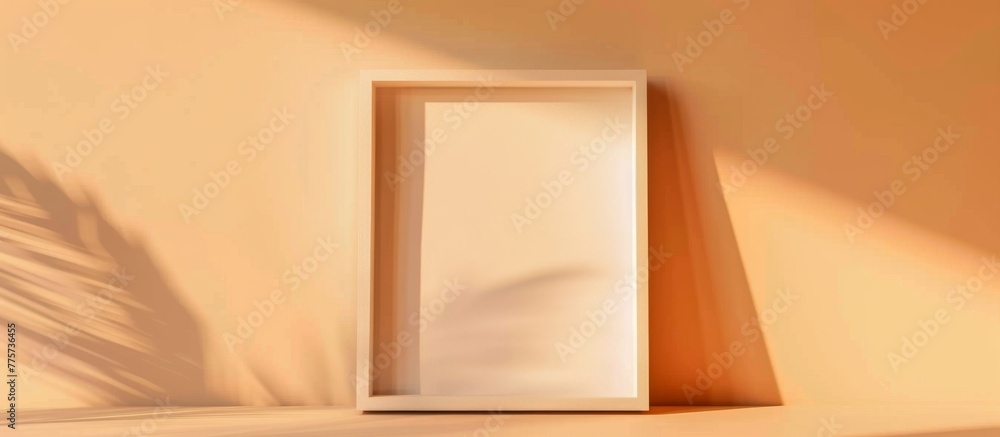 A white frame with a shadow of a plant on a wall A white frame with a shadow of a plant on a wall