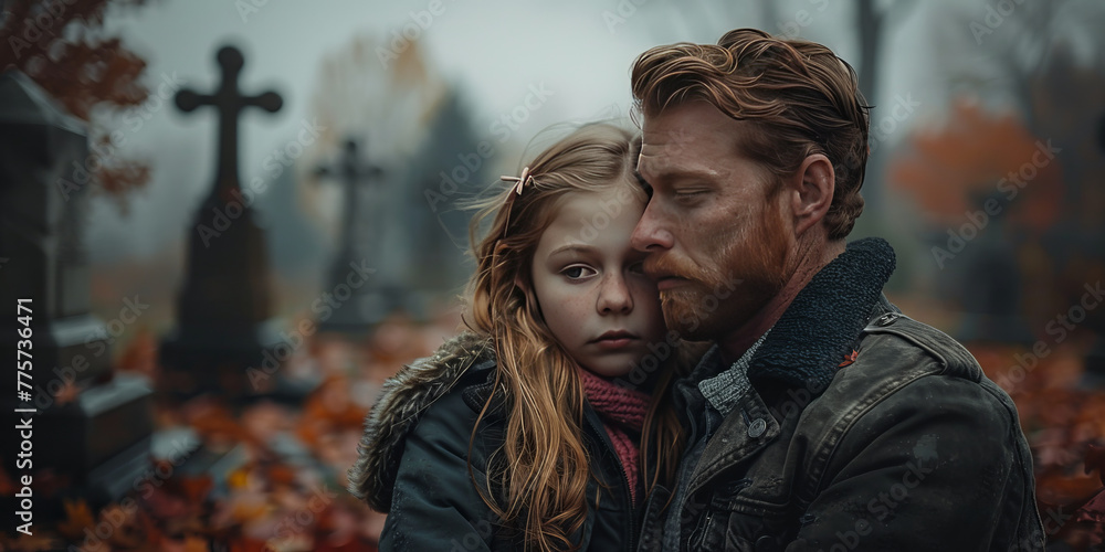 Fototapeta premium grieving man with his 10 years old daughter, cemetery,generative ai