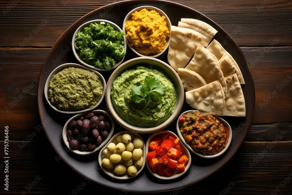 A plate filled with a variety of Middle Eastern dishes, showcasing flavors from the region such as falafel, hummus, tabbouleh, and kebabs. Generative AI A plate filled with a variety of Middle Eastern dishes, showcasing flavors from the region such as falafel, hummus, tabbouleh, and kebabs. Generative AI