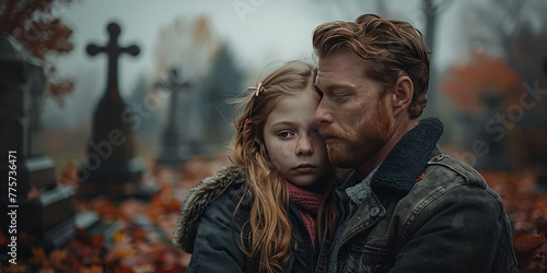 grieving man with his 10 years old daughter, cemetery,generative ai