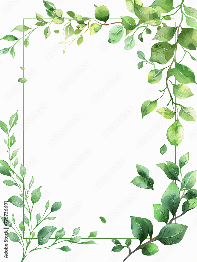 Green leaves and branches frame with watercolor splashes on a white background. Botanical border design of invitation, greeting card, and poster with place for text.