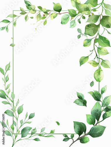 Green leaves and branches frame with watercolor splashes on a white background. Botanical border design of invitation  greeting card  and poster with place for text.