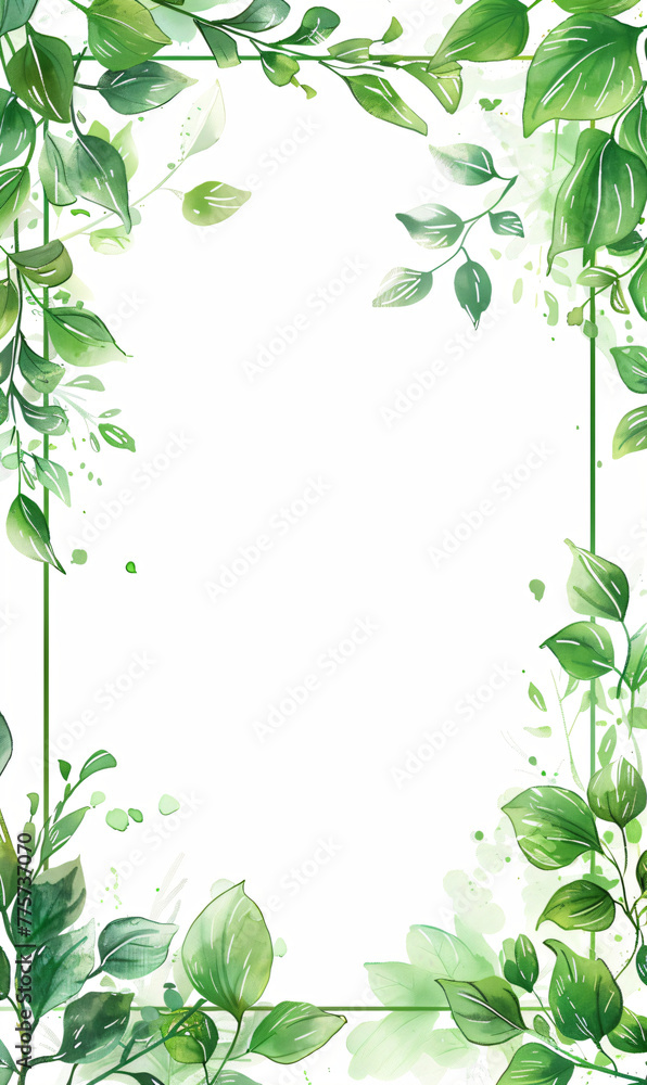 Green leaves and branches frame with watercolor splashes on a white background. Botanical border design of invitation, greeting card, and poster with place for text.