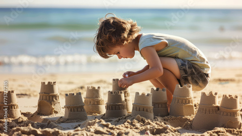 a child building intricate sandcastles on a sunny beach,generative ai