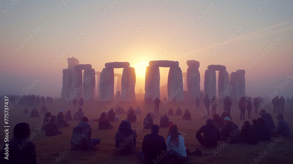 sunrise at Stonehenge with silhouettes of people gathering in mist.