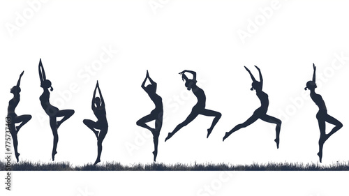 Silhouettes of individuals in various yoga poses against a white background.