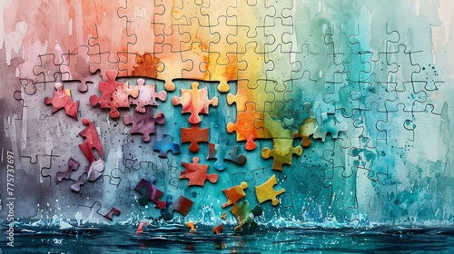 A cascade of puzzle pieces in cool watercolors