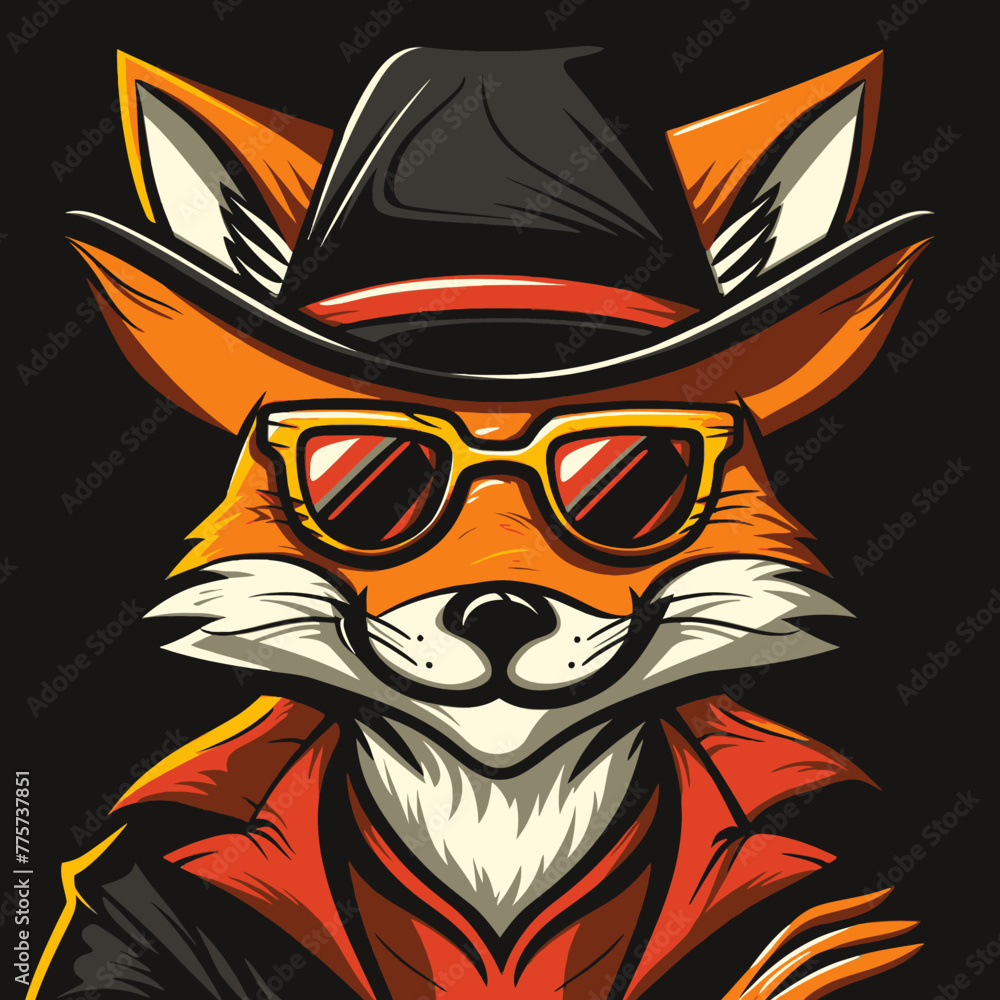 Fox Head with Sombrero Hat and Sunglasses
