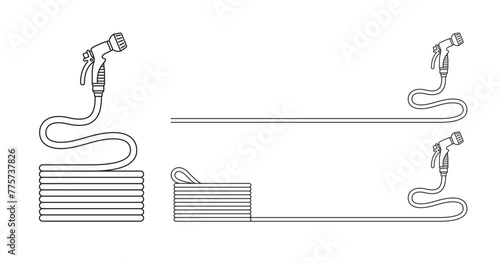 Garden watering hoses with spray nozzles. Coiled rubber hosepipe with connector for pipes, taps, rainwater tanks. Vector outline illustrations isolated on white background