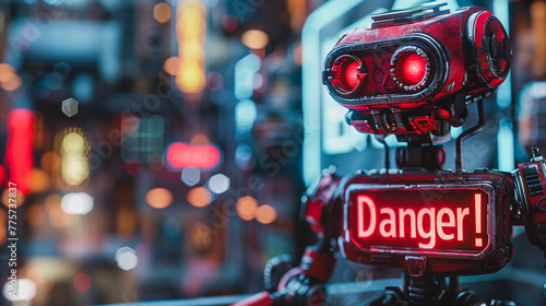 A robot with red eyes stands in front of a sign that says Danger
