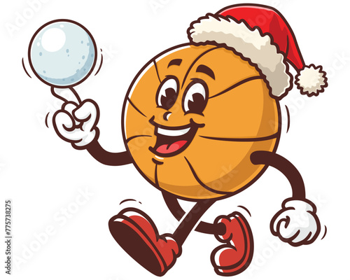 Basketball wearing Christmas hats and playing snowballs cartoon mascot illustration character vector clip art hand drawn