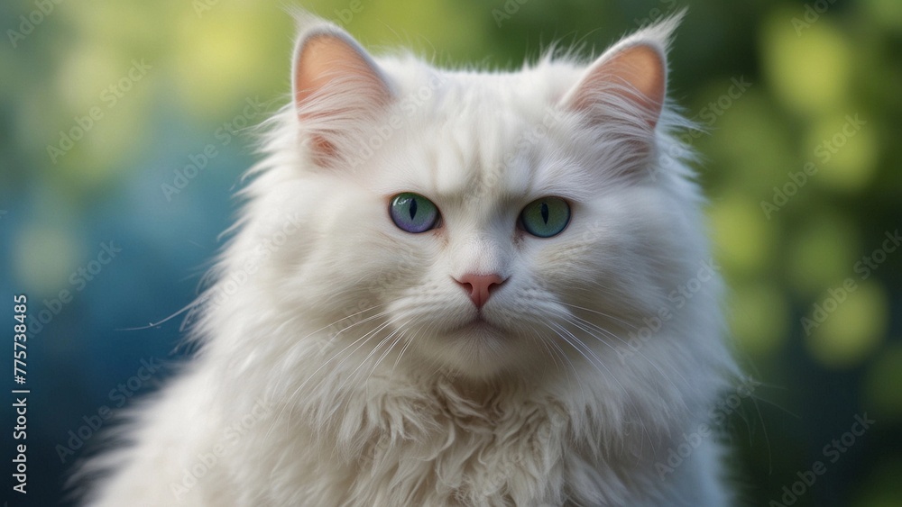 White cat on a blue background with different colored eyes, one green, one blue White cat on a blue background with different colored eyes, one green, one blue