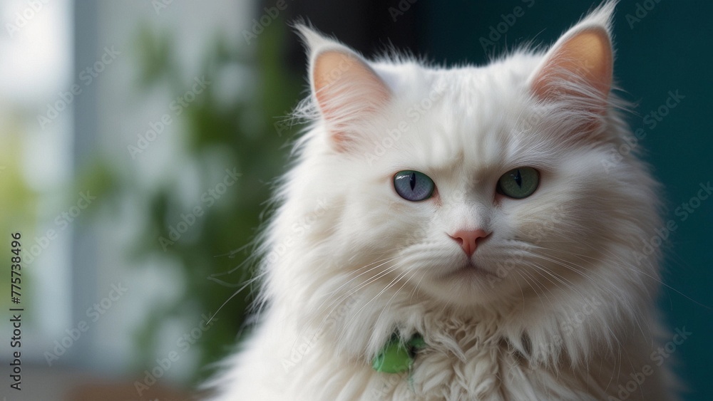 White cat on a blue background with different colored eyes, one green, one blue