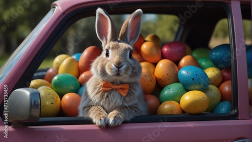 A hare in sunglasses sits in a car, there are many colorful Easter eggs around. Easter Concentration