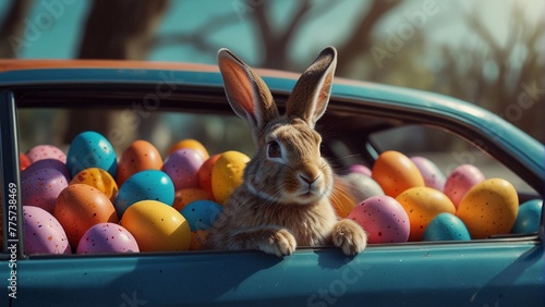 A hare in sunglasses sits in a car, there are many colorful Easter eggs around. Easter Concentration