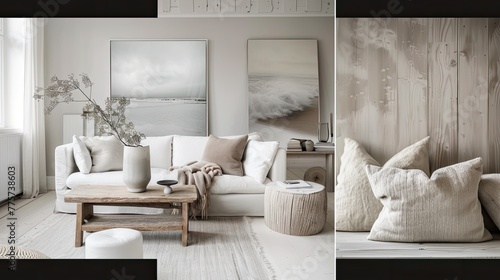 Scandinavian decor as a moodboard reflects the hallmark features of Nordic style, blending natural materials, cozy textures, and muted hues to create a serene and inviting ambiance. photo