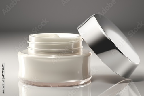 Sleek cosmetic cream jar with open lid, reflecting a minimalist style and soft, neutral tones, ideal for beauty branding