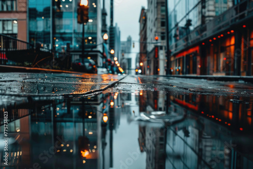 A photo of a cityscape reflected in a puddle of water © Veniamin Kraskov