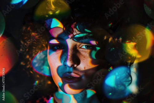 A creative and artistic photo of a person's face with their features obscured by colorful shapes © Veniamin Kraskov