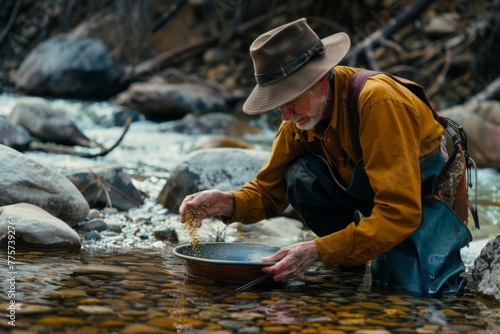 Gold Panning Enthusiast Sifting Through River Sediment, Hoping to Discover Flakes of Precious Metal, Generative AI