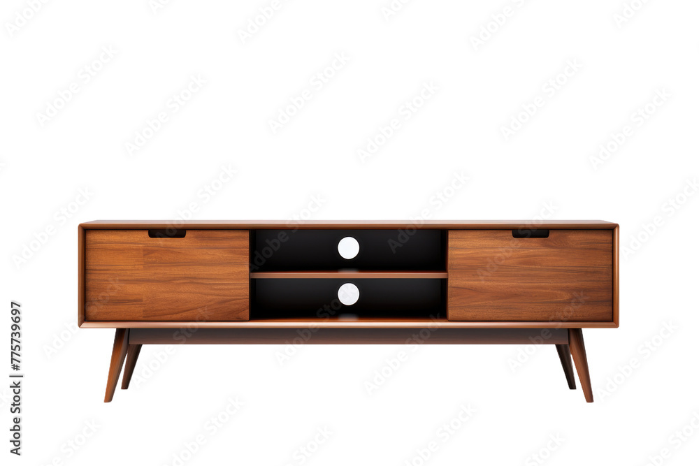 Elegant Wooden Entertainment Center With Drawers. White or PNG Transparent Background.