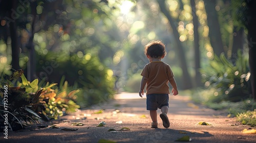 medium shot portrait photography showcases a child boy strolling through a spontaneous setting, the image taken from behind to emphasize the journey ahead.